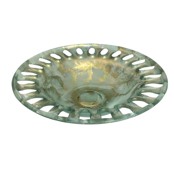 Vintage Recycled Glass Turquoise and Gold Large Bowl 16” - Picture 1 of 10